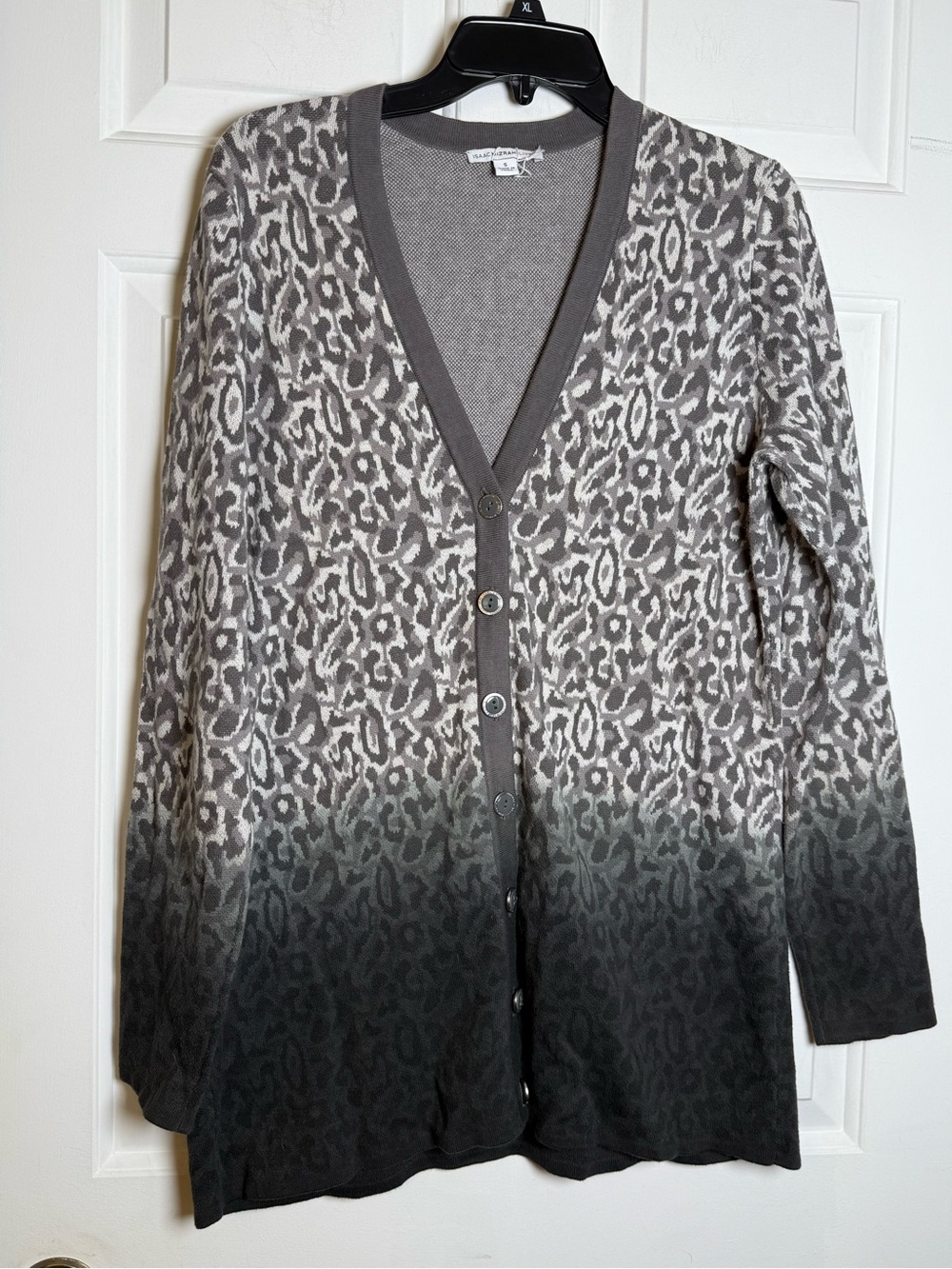 Isaac Mizrahi Small 2 Tone Gray Black Button Cardigan Animal Print Oversized